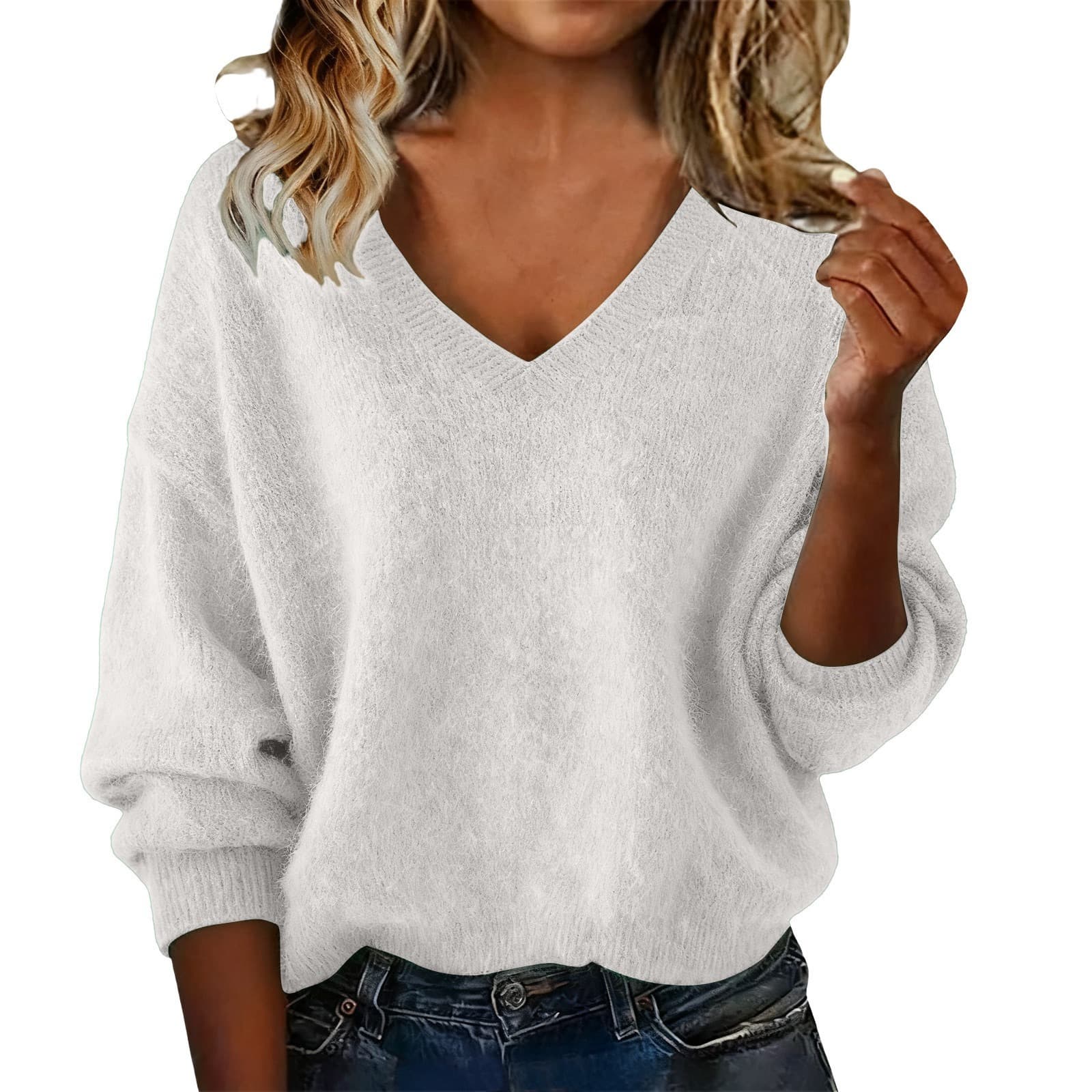 Women's New Autumn & Winter Solid Color V-neck Long Sleeve Knit Sweater, Loose Casual Tops 3
