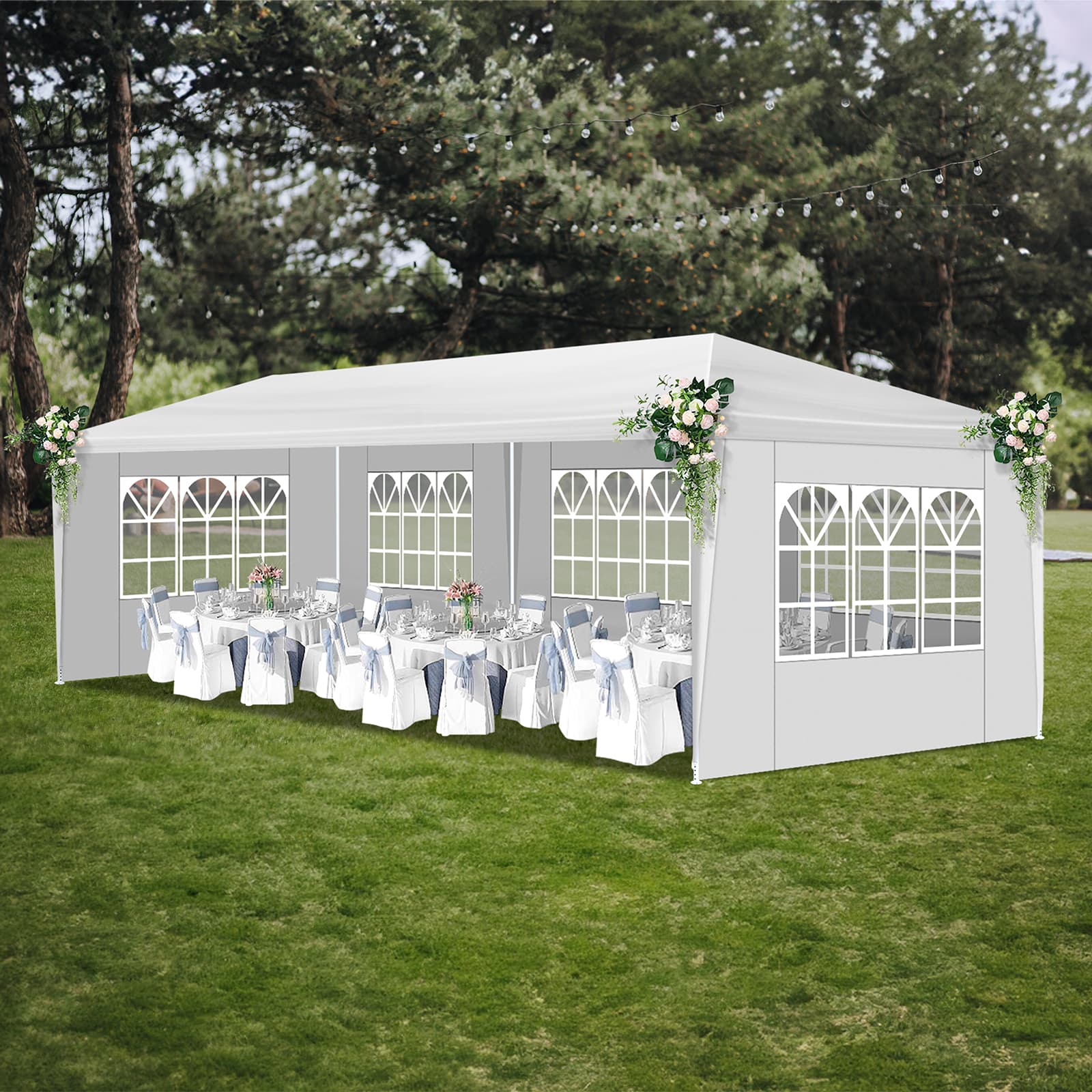10x30ft White Party Tent With 5 Sidewalls, Outdoor Canopy Gazebo, Iron Frame & PE Cover, Waterproof Sun Shelter For Wedding BBQ Events