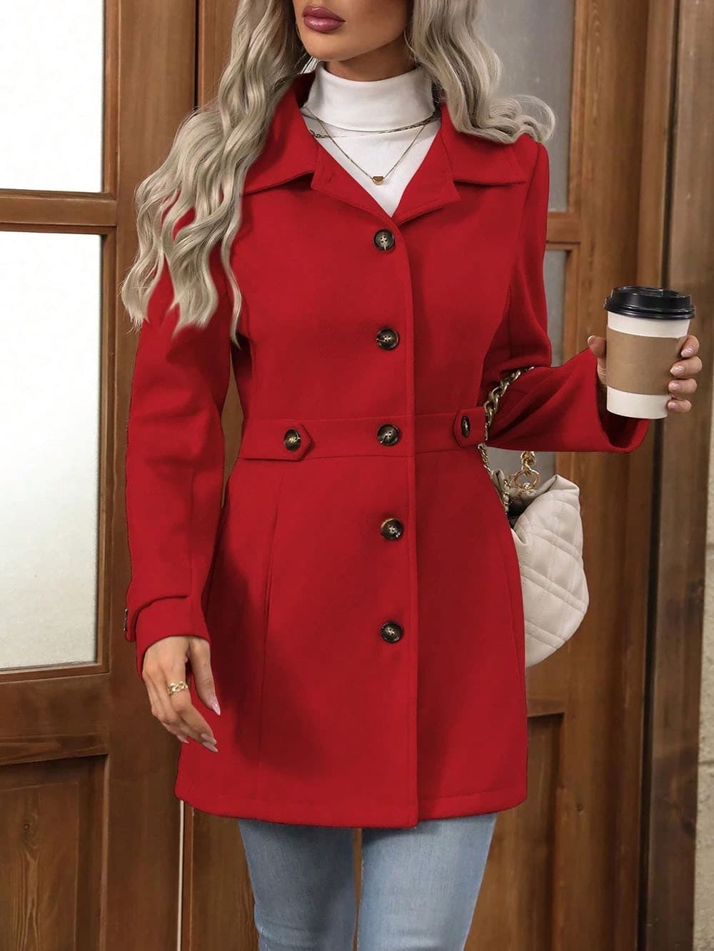 Women's Solid Color Wool Blend Coat, Fashion Lapel Button Up Casual Elegant Overcoat For Autumn 2