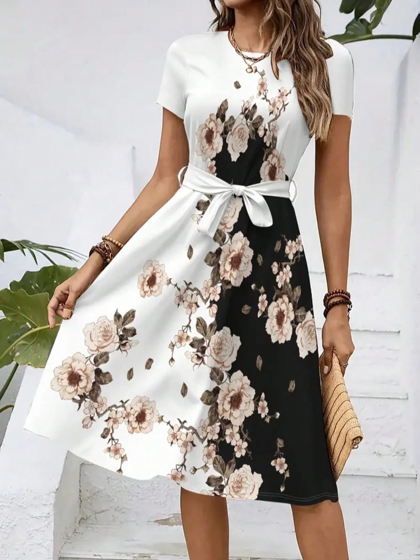 2026 New Women's Casual Printed Dress With Belt, Loose Fit 5