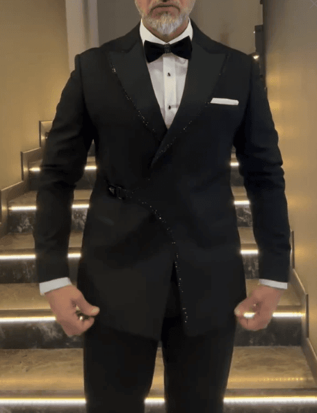 Men's Black Crystal Edge-Trim Belted Peak Lapel Tuxedo Blazer