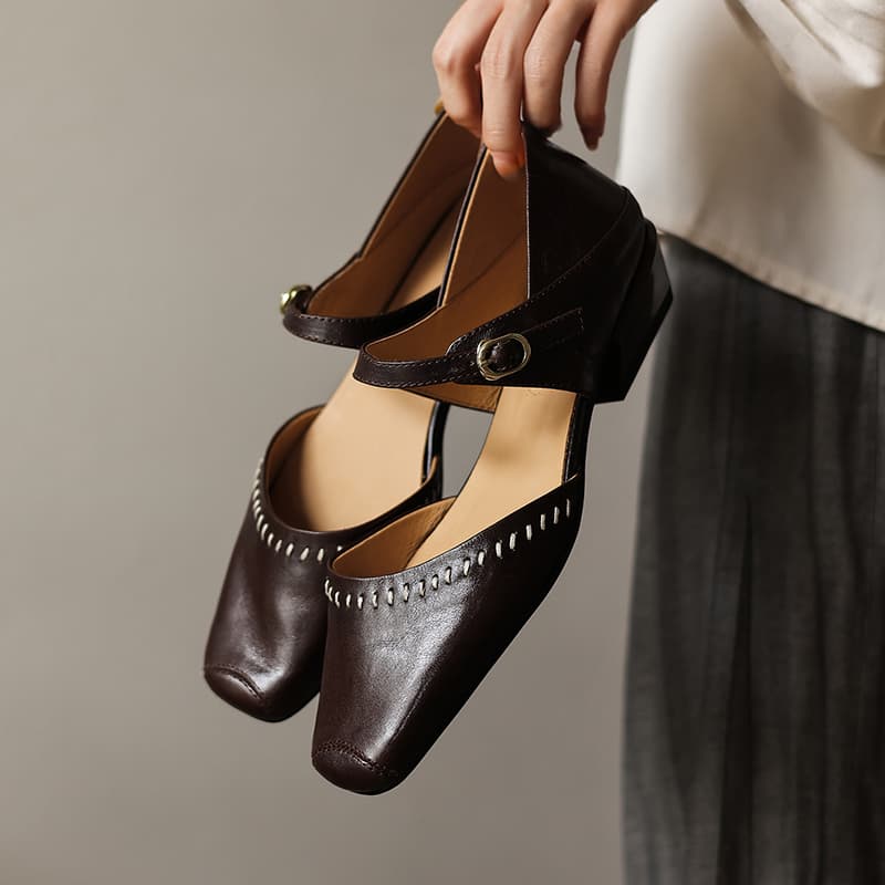 Women's Handcrafted Full-Grain Leather Mary Jane Flats, Square Toe Low Heel Shoes With Contrast Stitching