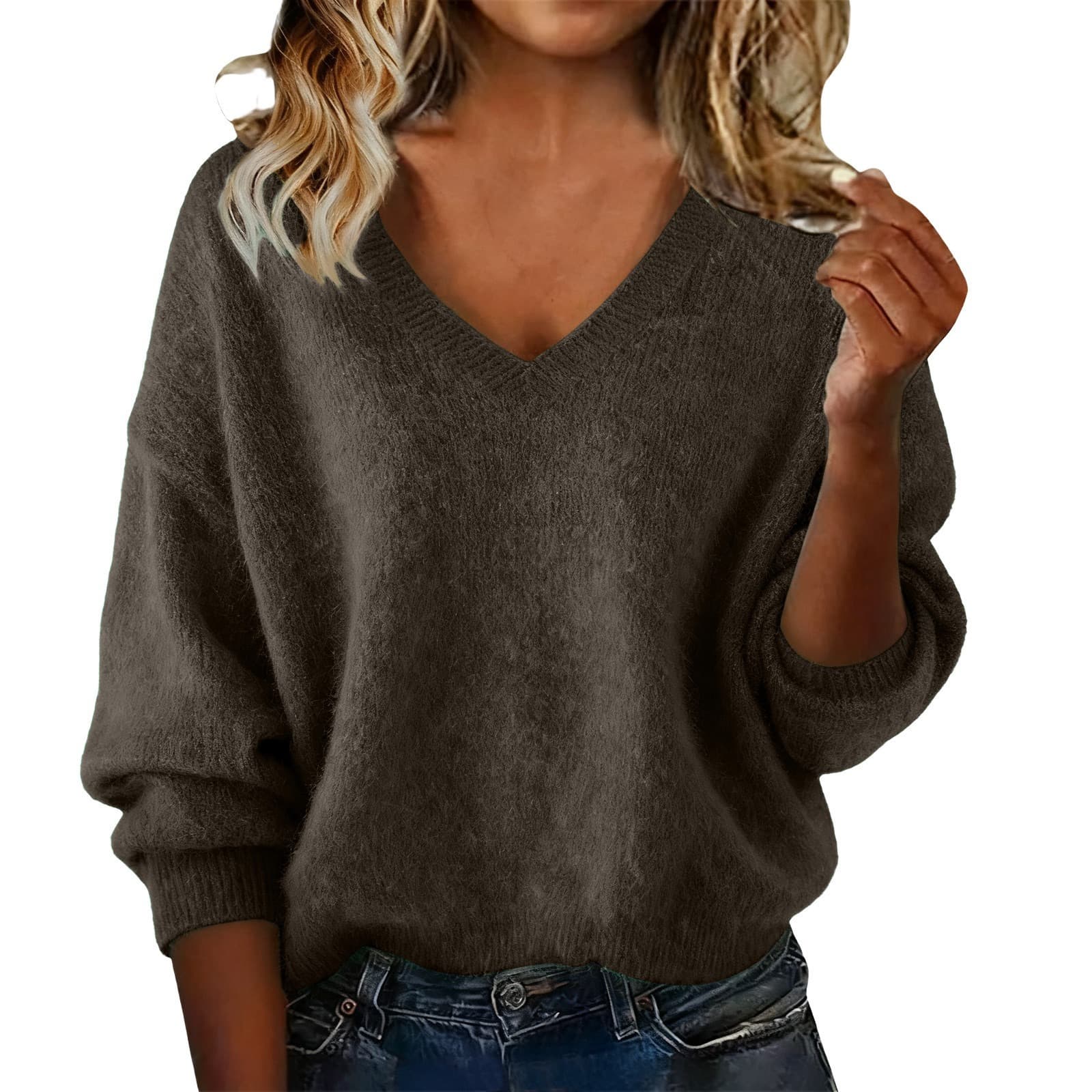 Women's New Autumn & Winter Solid Color V-neck Long Sleeve Knit Sweater, Loose Casual Tops 11