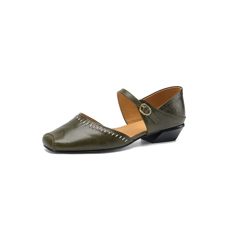 Women's Handcrafted Full-Grain Leather Mary Jane Flats, Square Toe Low Heel Shoes With Contrast Stitching 2