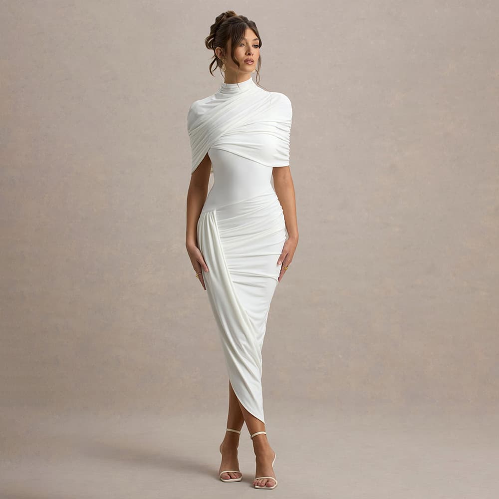 High Neck Cape Sleeve Ruched Bodycon Midi Dress 2