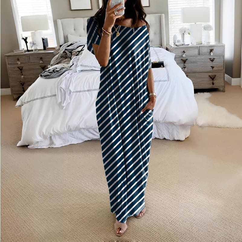 Off Shoulder Short Sleeve Pocket Loose Flowy Maxi Dress 5