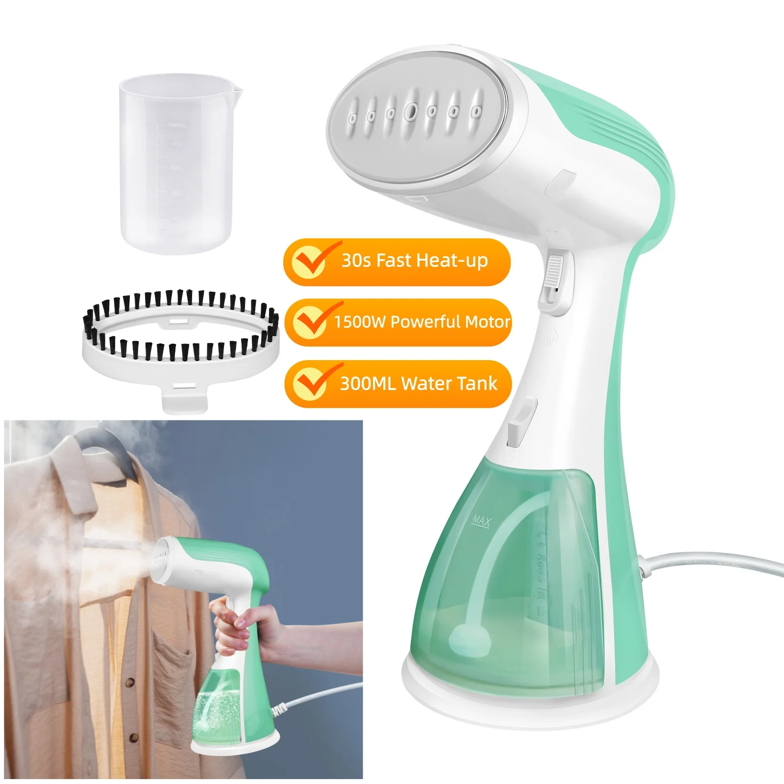 Handheld Clothes Steamer, 1500W Portable Garment Steamer Clothing,30s Fast Heat-up 1500W Powerful Steam Iron With 300ML Tank 2