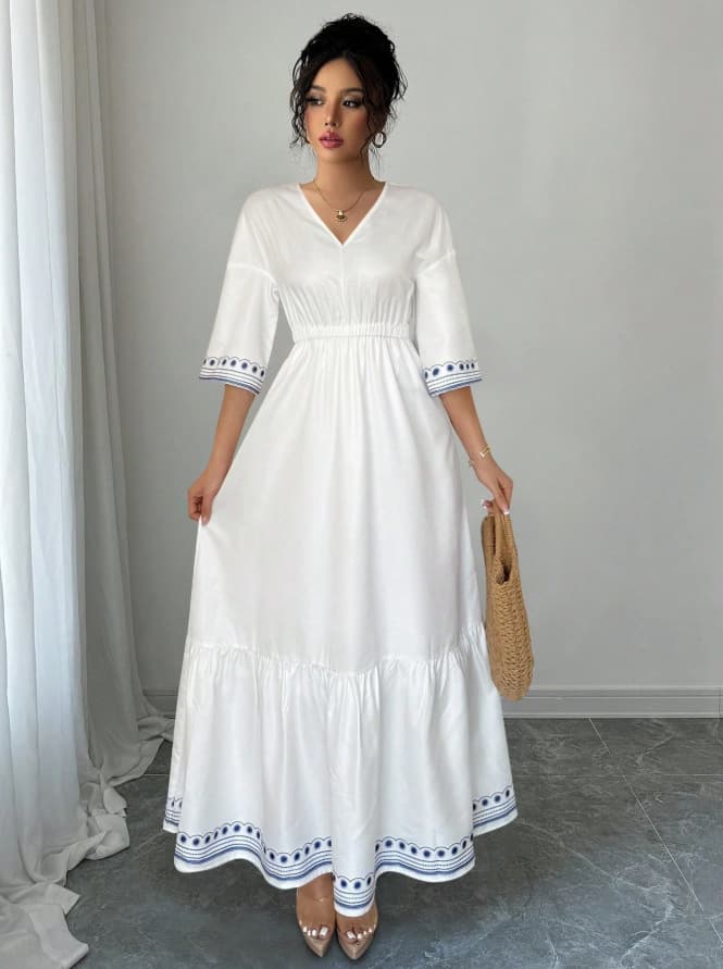 V Neck Lace Trim Elastic Waist Ruffle Hem Printed Maxi Dress