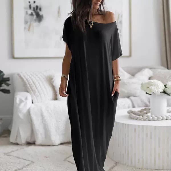 Off Shoulder Short Sleeve Pocket Loose Flowy Maxi Dress 3