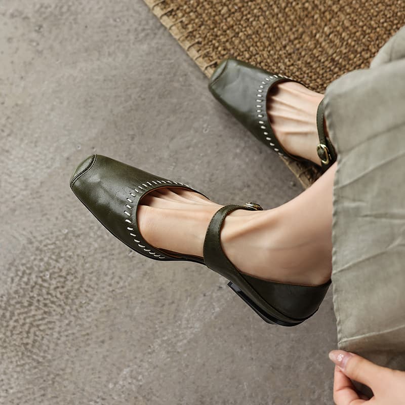 Women's Handcrafted Full-Grain Leather Mary Jane Flats, Square Toe Low Heel Shoes With Contrast Stitching 6