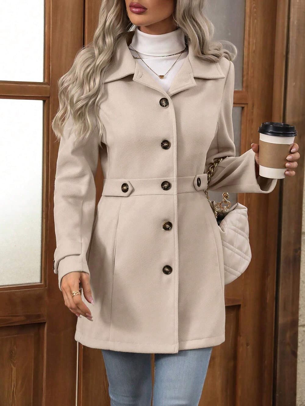 Women's Solid Color Wool Blend Coat, Fashion Lapel Button Up Casual Elegant Overcoat For Autumn 5