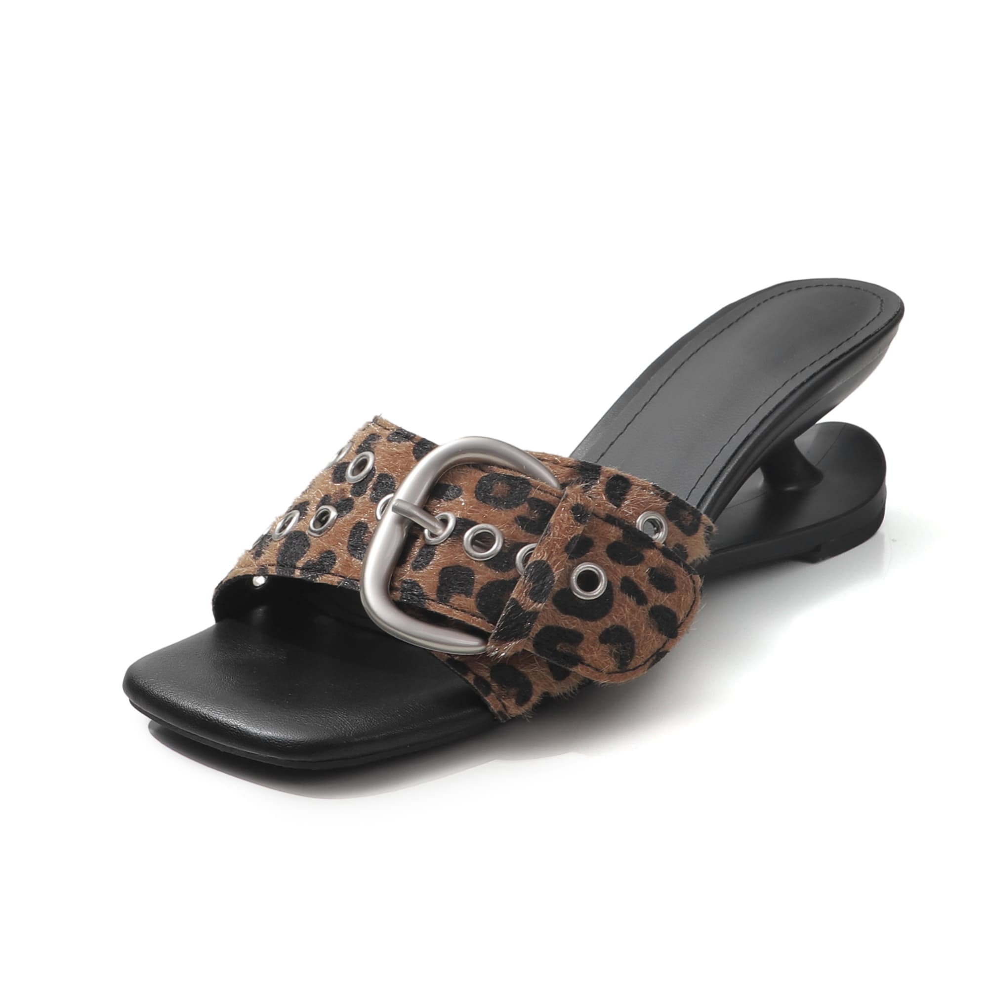Women's Handcrafted Horsehair Buckle Slide Sandals, Square Toe Sculptural Heel Mules With Pigskin Lining & Sheepskin Insole 5