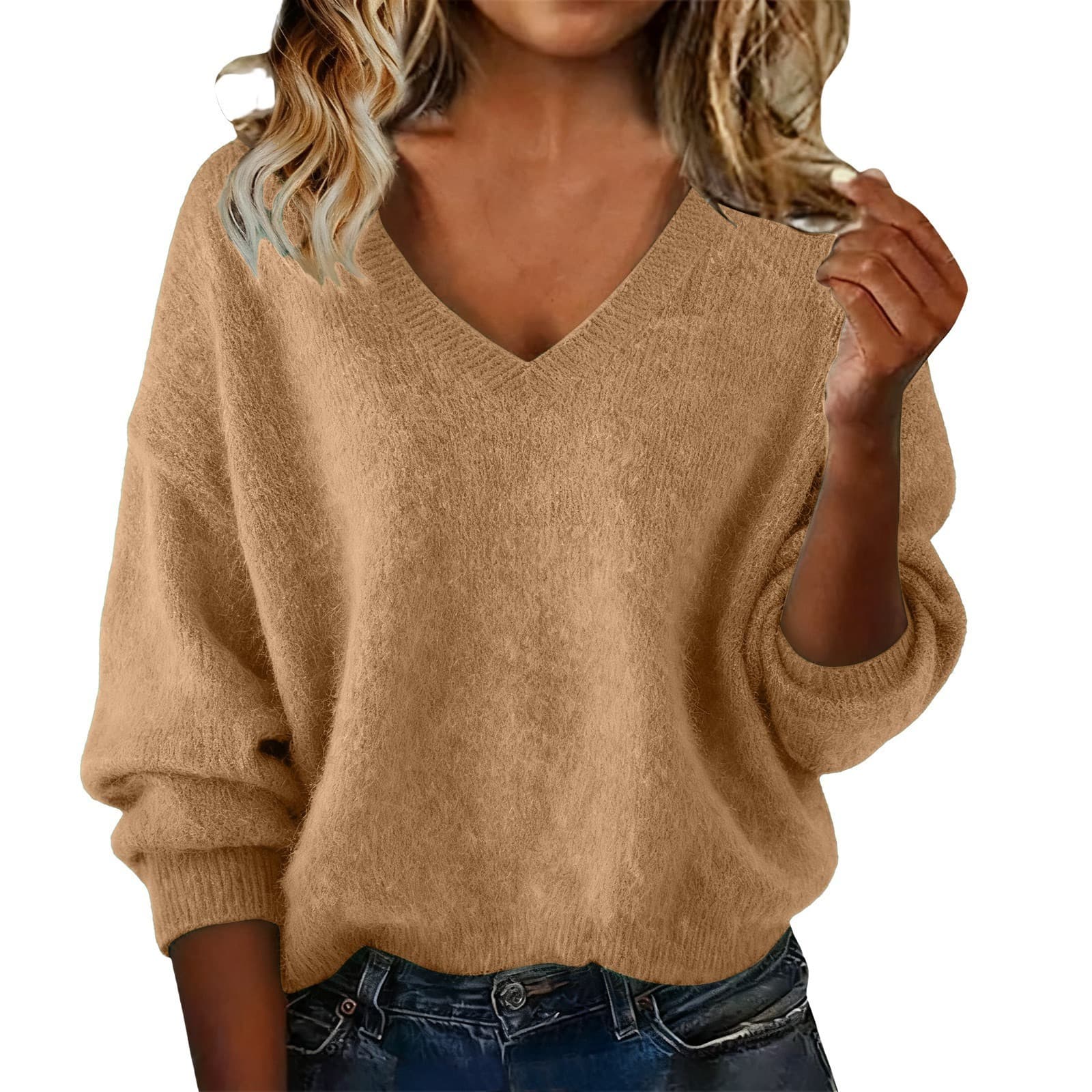 Women's New Autumn & Winter Solid Color V-neck Long Sleeve Knit Sweater, Loose Casual Tops