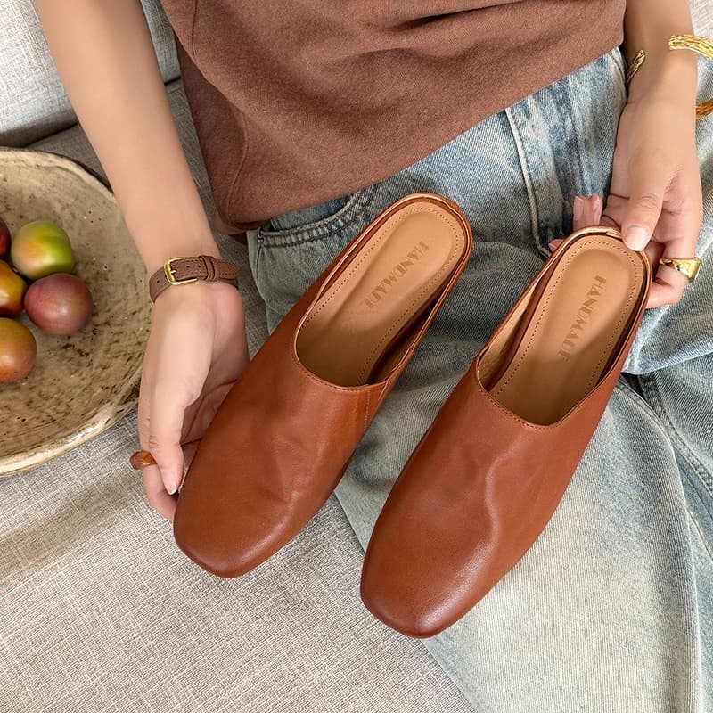 Women's Handmade Full-Grain Sheepskin Closed-Toe Mules, Square Toe Slip-On Flat Slides 5