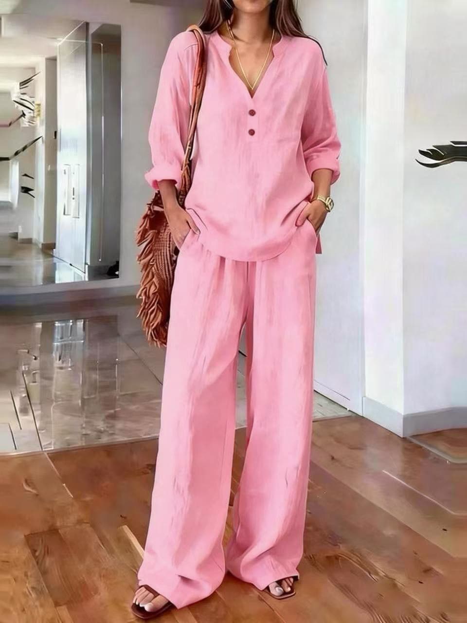 V Neck 2 Button Long Sleeve Top & Wide Leg Pants Two Piece Loungewear Set 4