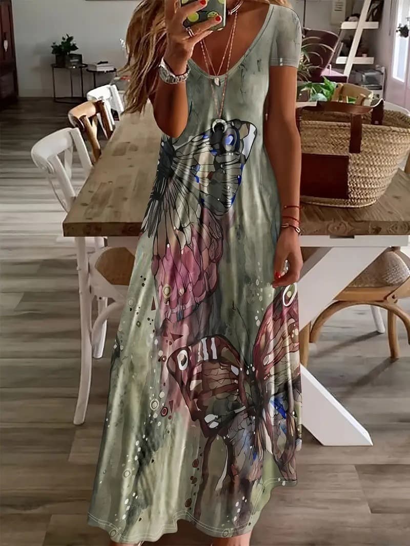 2026 Summer New Arrival, Slim Fit Short Sleeve Dress, Butterfly Print, Low-cut V-neck Camisole & Full Swing Long Skirt 2