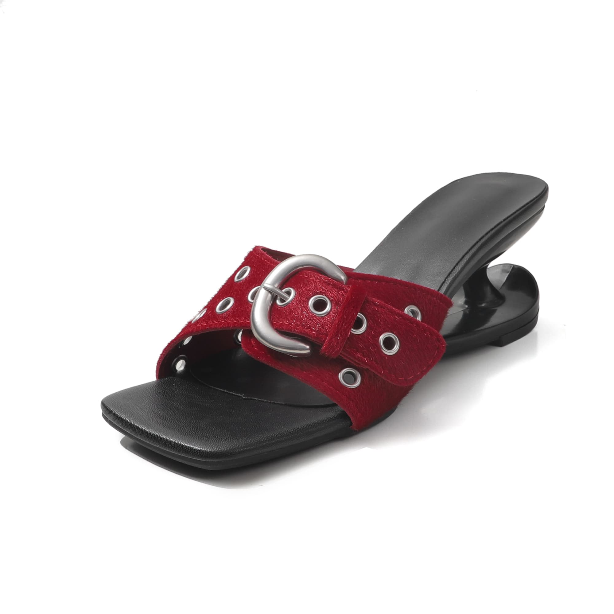 Women's Handcrafted Horsehair Buckle Slide Sandals, Square Toe Sculptural Heel Mules With Pigskin Lining & Sheepskin Insole 7