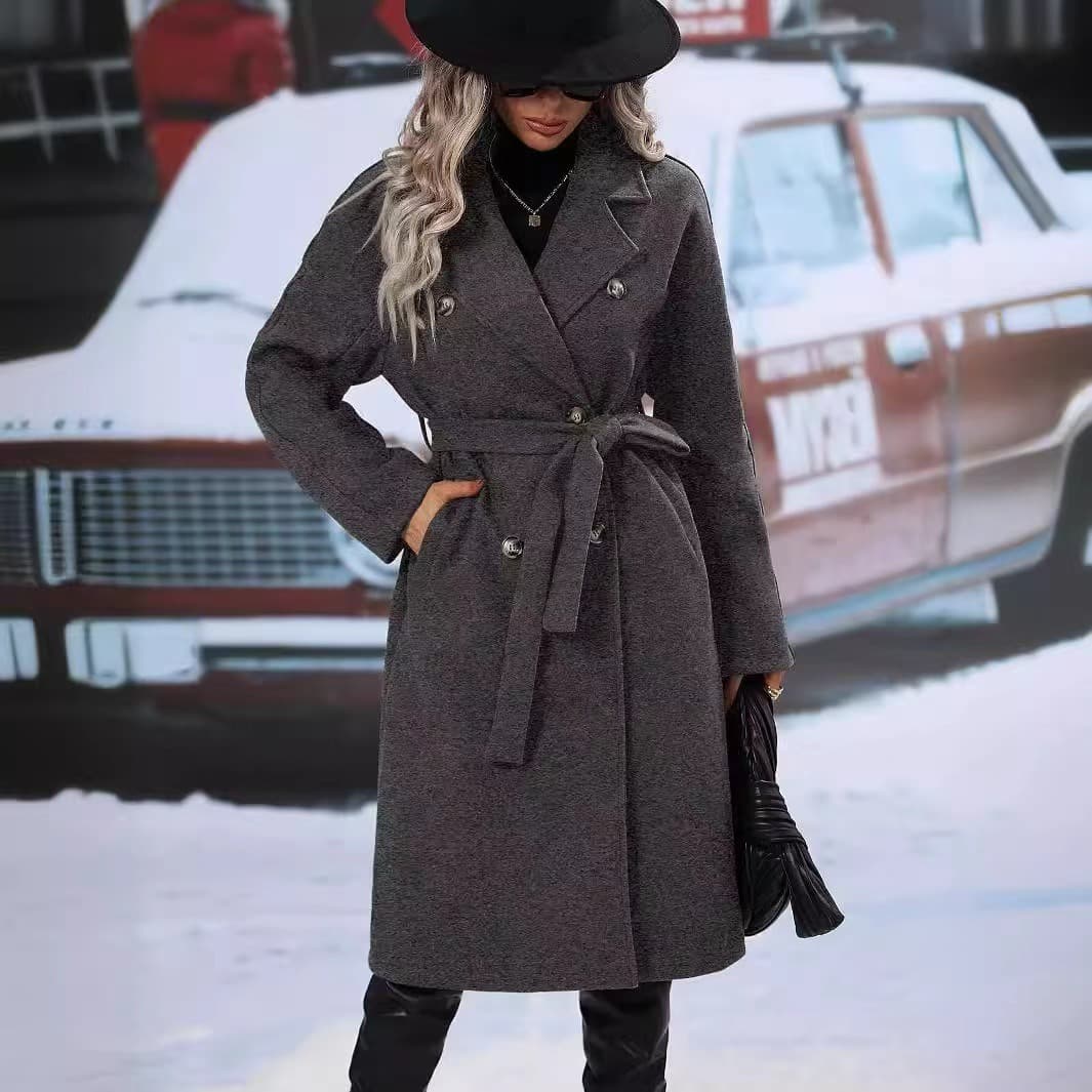 New Solid Color Lapel Thickened Woolen Coat, Long Double-breasted Jacket With Waist Tie For Spring 2