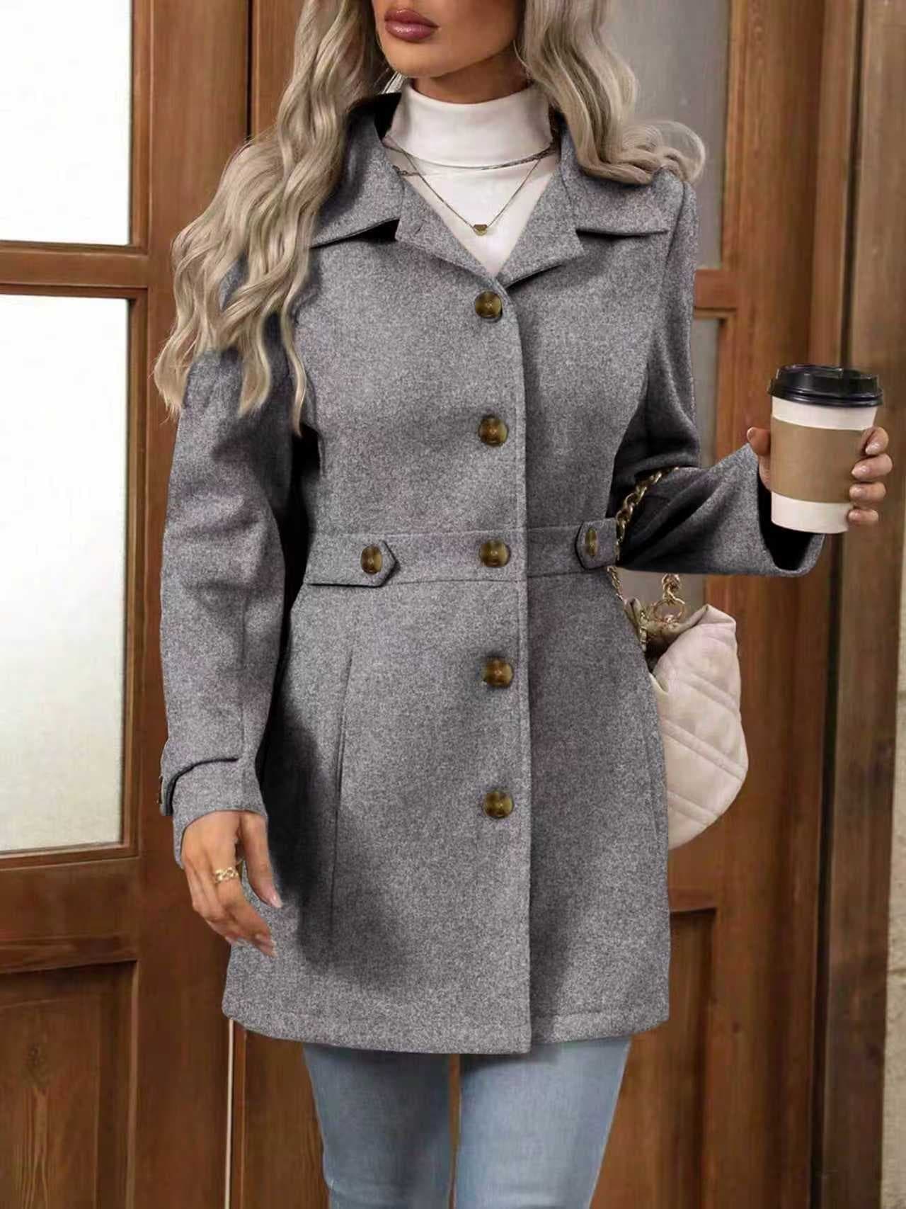 Women's Solid Color Wool Blend Coat, Fashion Lapel Button Up Casual Elegant Overcoat For Autumn 4