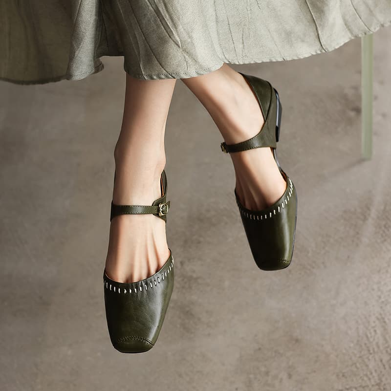 Women's Handcrafted Full-Grain Leather Mary Jane Flats, Square Toe Low Heel Shoes With Contrast Stitching 5