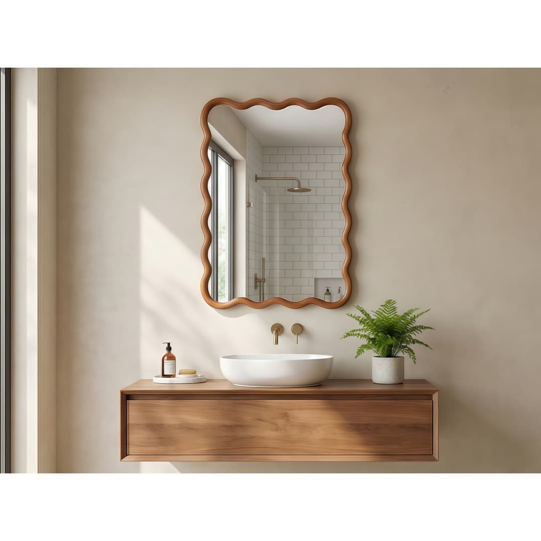 Yellowish Brown 20x30 Wavy Rectangle Solid Wood Frame Decorative Mirror,For Bedroom, Bathroom, Living Room, Entryway