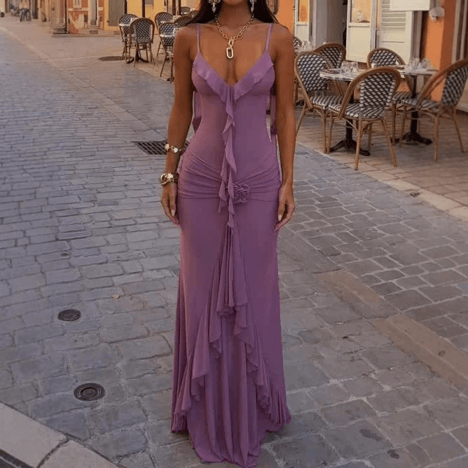 Purple Deep V Ruffle 3D Flower Spaghetti Strap Mermaid Maxi Dress