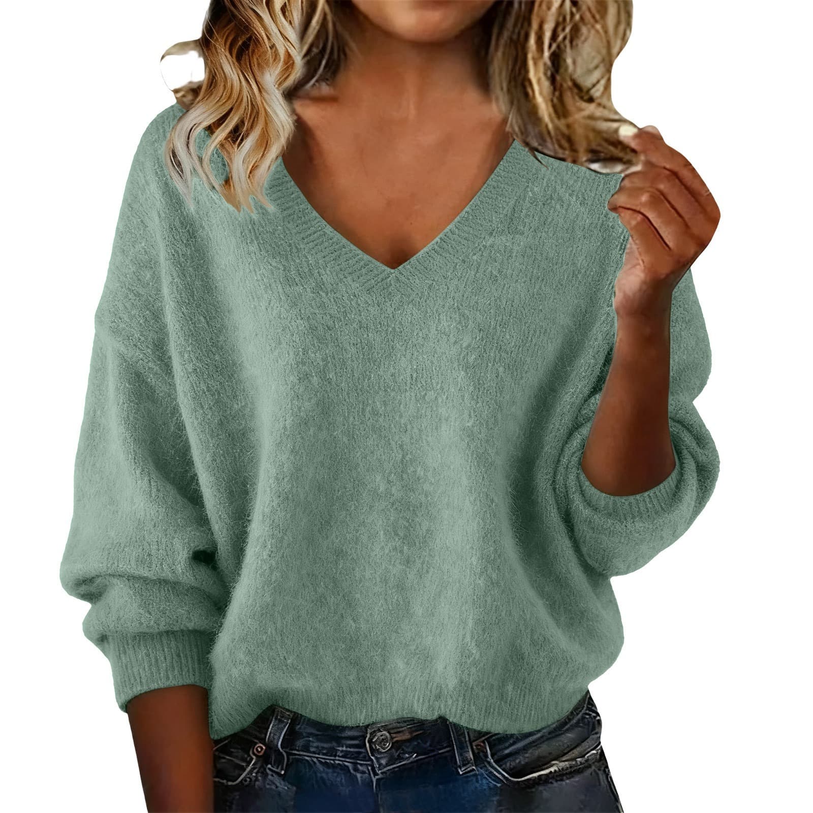 Women's New Autumn & Winter Solid Color V-neck Long Sleeve Knit Sweater, Loose Casual Tops 4