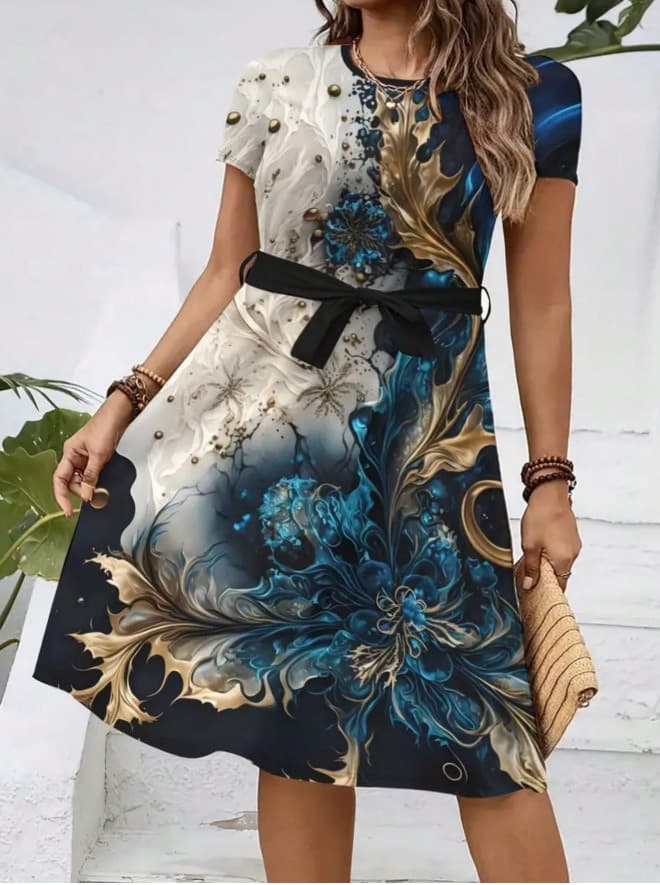2026 New Women's Casual Printed Dress With Belt, Loose Fit 8