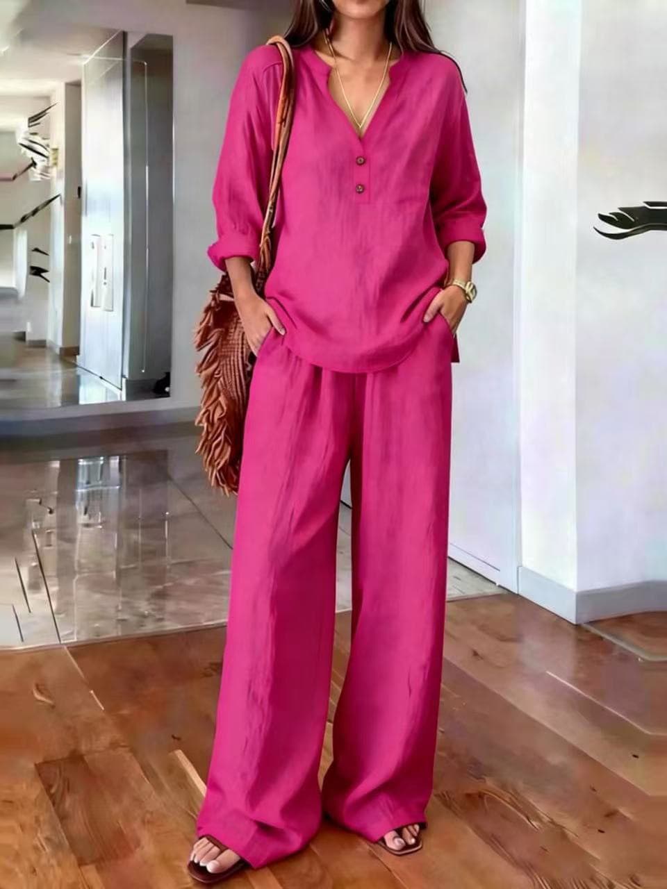V Neck 2 Button Long Sleeve Top & Wide Leg Pants Two Piece Loungewear Set 2