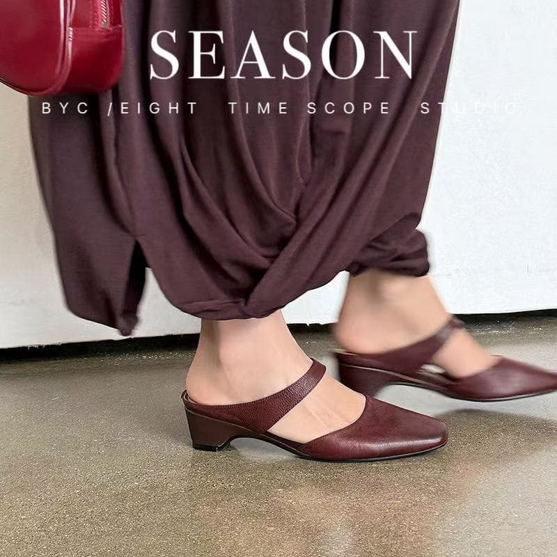 Women's Handmade Washed Leather Mary Jane Mules, Square Toe Mid Heel Slip-On Slides With Pigskin Lining 10