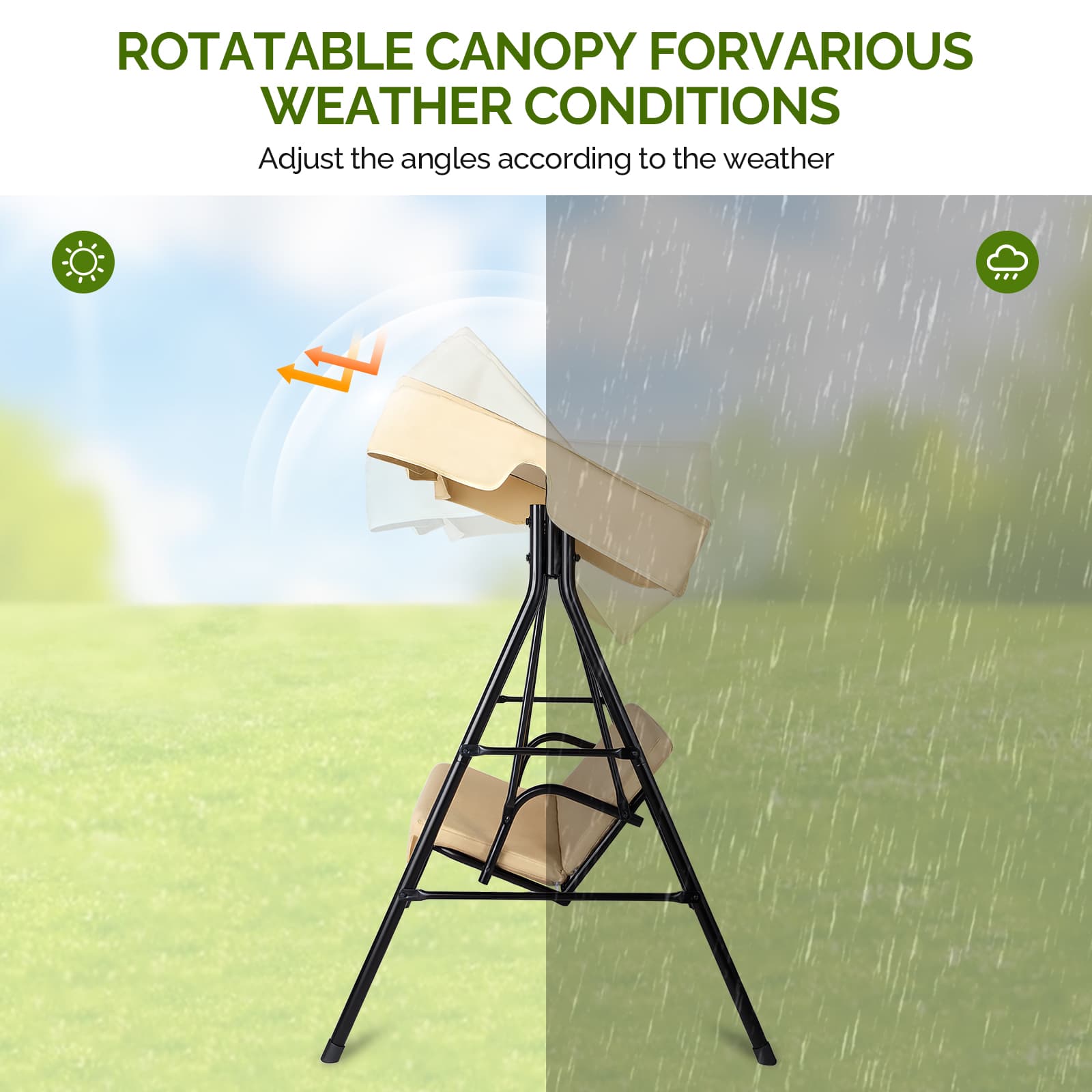 Outdoor Patio Swing Chair Set With Canopy, 3-Person Iron Frame Swing With Soft Cushions, 550lbs Capacity, Oxford Fabric, Khaki, Easy Assembly 8