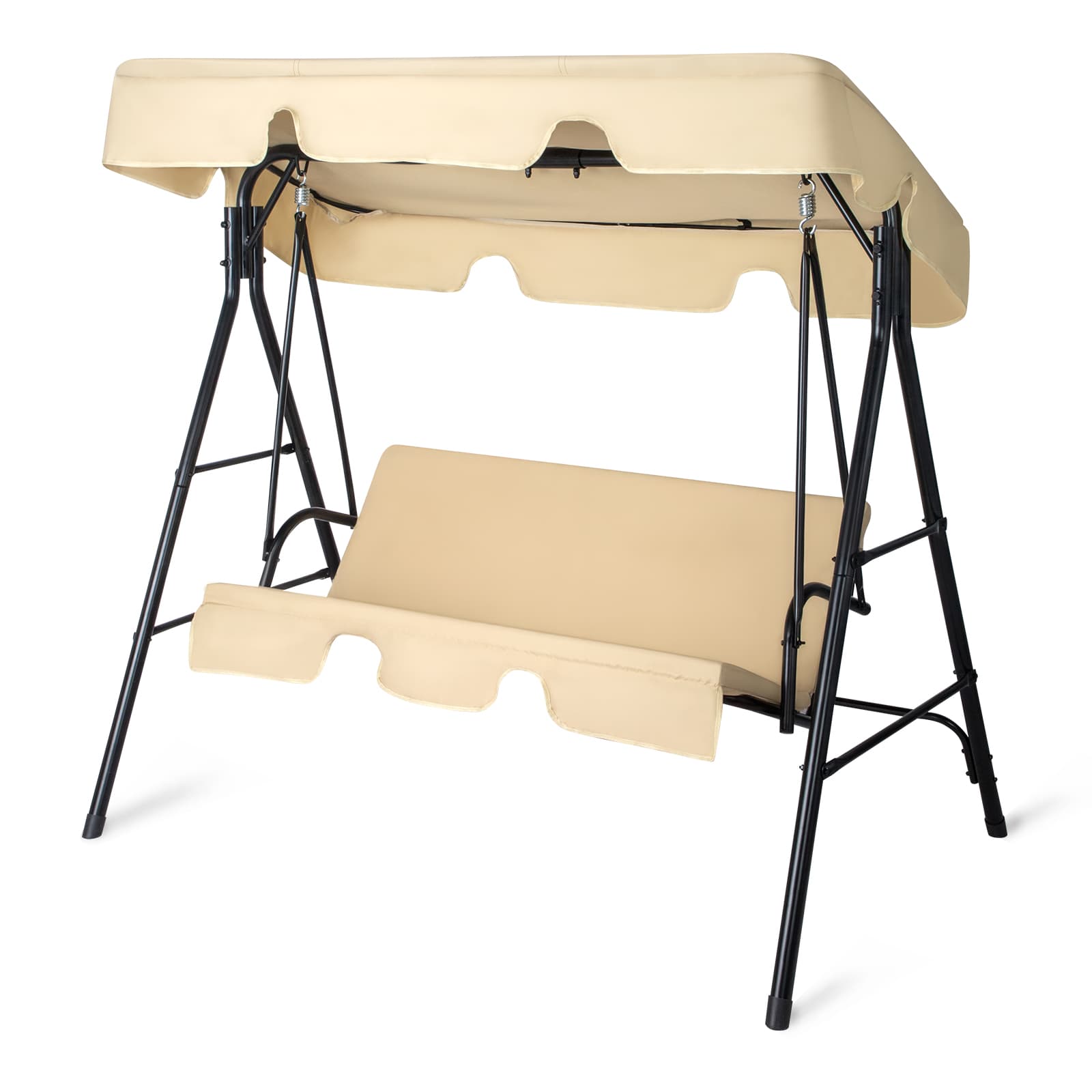 Outdoor Patio Swing Chair Set With Canopy, 3-Person Iron Frame Swing With Soft Cushions, 550lbs Capacity, Oxford Fabric, Khaki, Easy Assembly 6