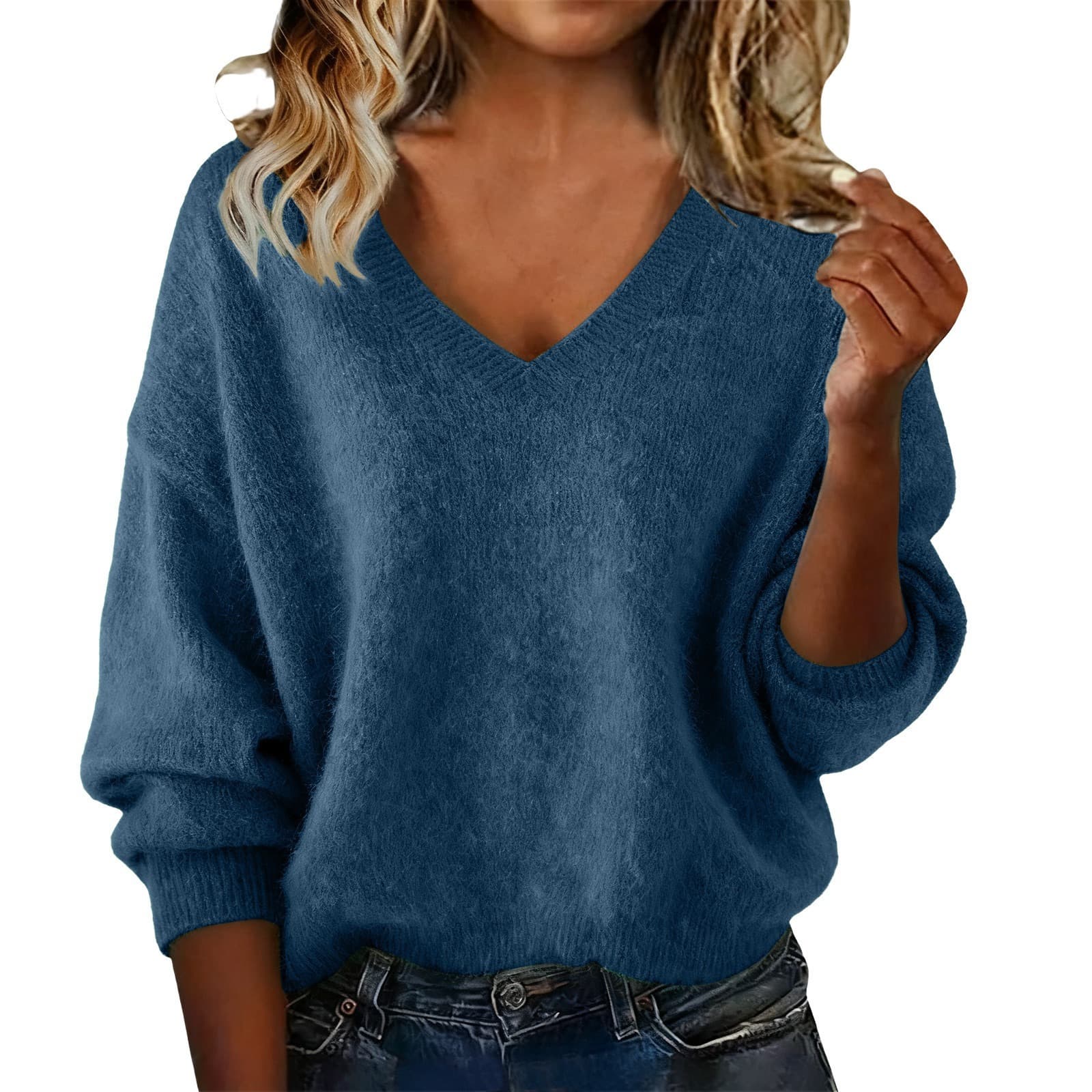 Women's New Autumn & Winter Solid Color V-neck Long Sleeve Knit Sweater, Loose Casual Tops 6
