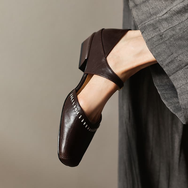 Women's Handcrafted Full-Grain Leather Mary Jane Flats, Square Toe Low Heel Shoes With Contrast Stitching 8