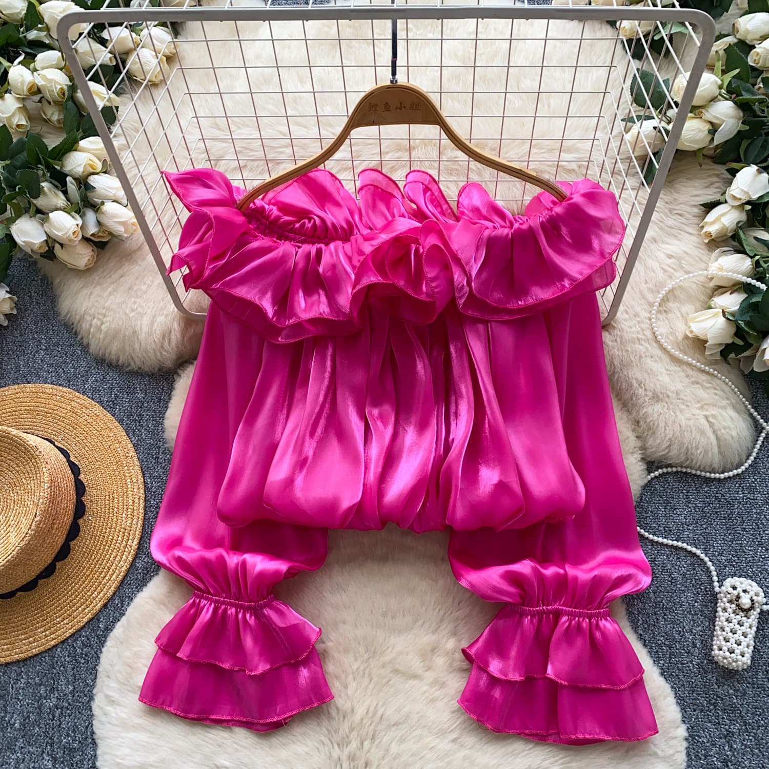 Off-the-shoulder Chiffon Blouse With Ruffled Trim Elegant Style