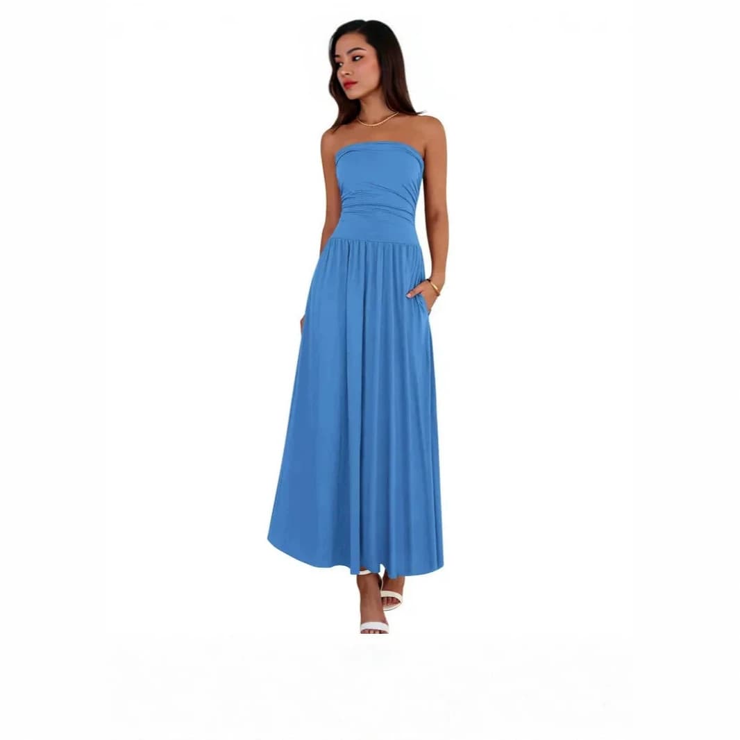 Vintage-tinged Pleated Patchwork Strapless Evening Dress