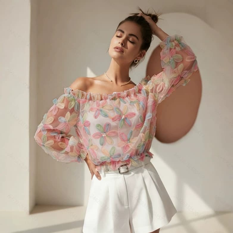 Summer Casual Chic Off Shoulder Mesh Top With Floral And A One-shoulder Long-sleeve Design 4