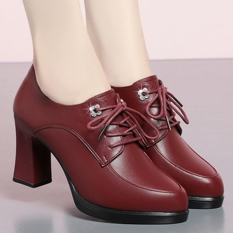 Fashionable And Versatile Womens Soft-leather Chunky-heel Shoes Durable For Spring And Autumn In A New Chinese Style