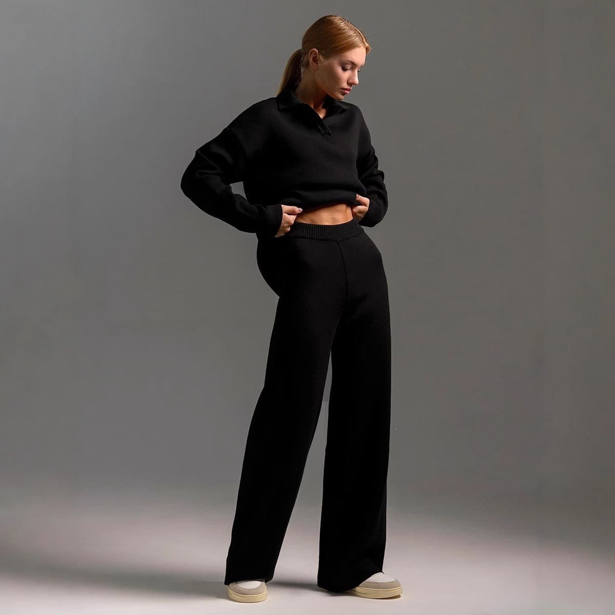 Womens Solid-color Polo-collar Wide-leg Pants Set