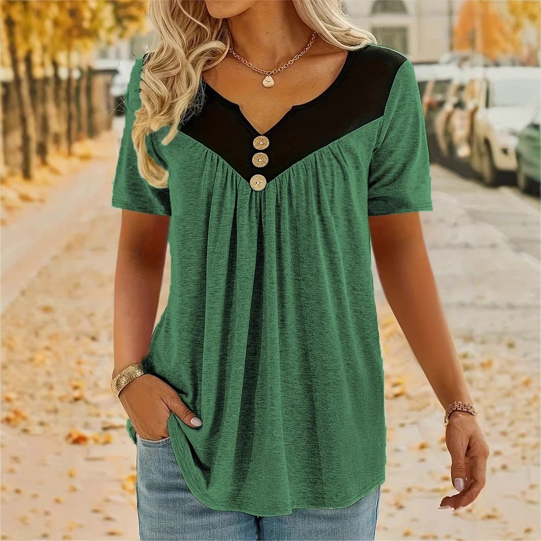 Womens Solid-color Short-sleeve Top With Button Detailing 5