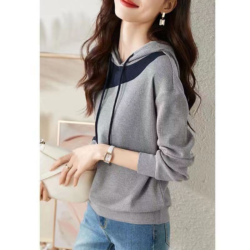 Color-block Hooded Drawstring Sweatshirt Womens Loose Fit