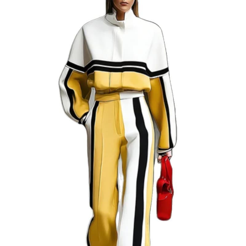 Color-block Sporty Hoodie And Wide-leg Pants Set 2