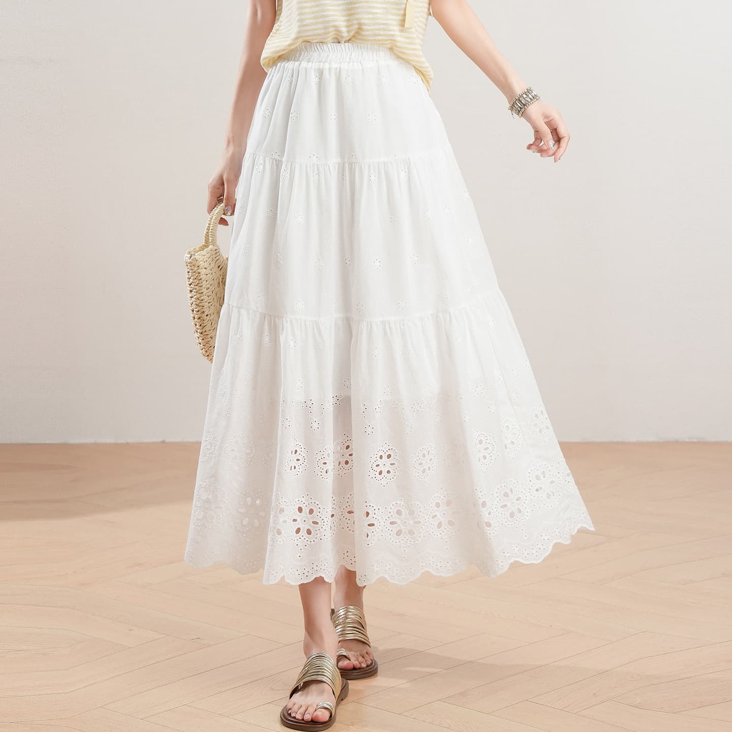 Womens Loose-fitting White Hollow-out Floral Skirt 3