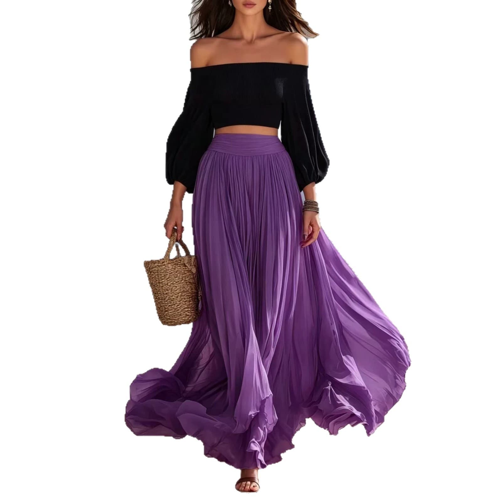 Off-shoulder Strapless Top With Bubble Sleeves And Skirt Set 9