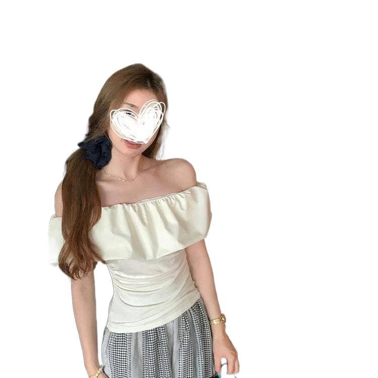 Stunning Pink Off-shoulder Top With A Boat Neckline And Ruffled Short Sleeves