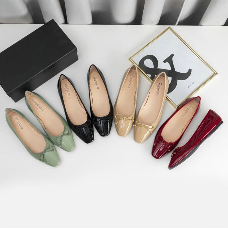 French-style Vintage Square-toe Patent Leather Low-cut Pumps