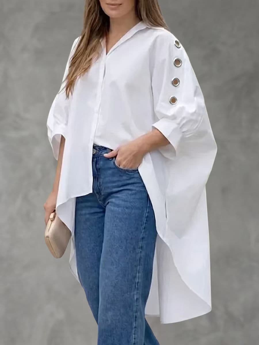 Womens Loose-fit Solid-color Long-sleeve Shirt