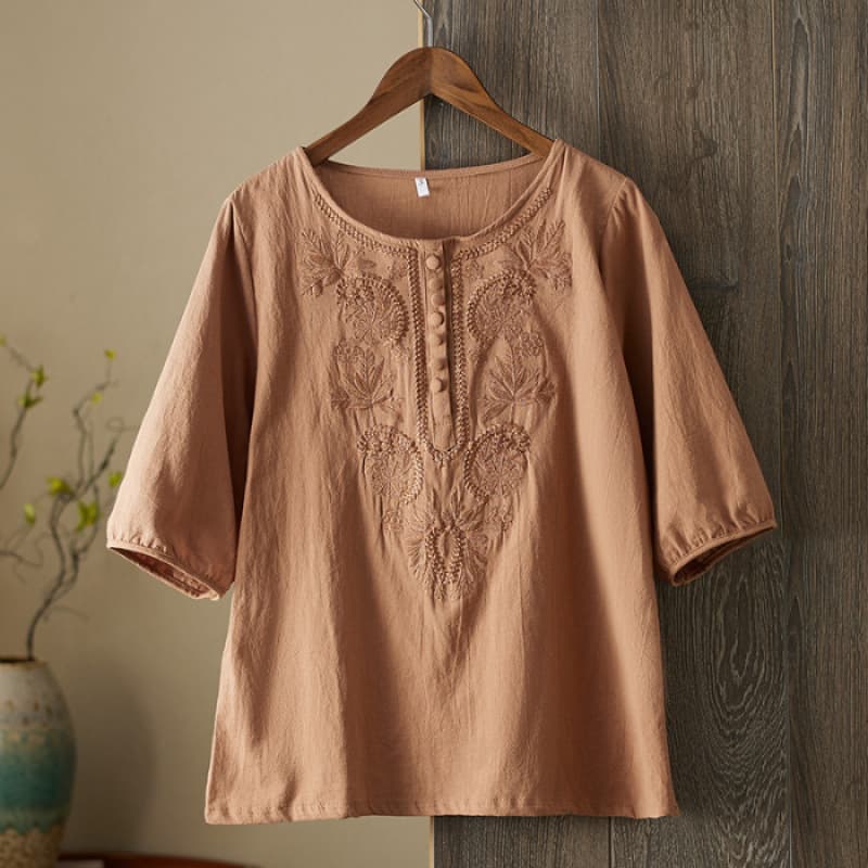 Womens Artistic Solid-Color Embroidered Cotton-Linen Top
