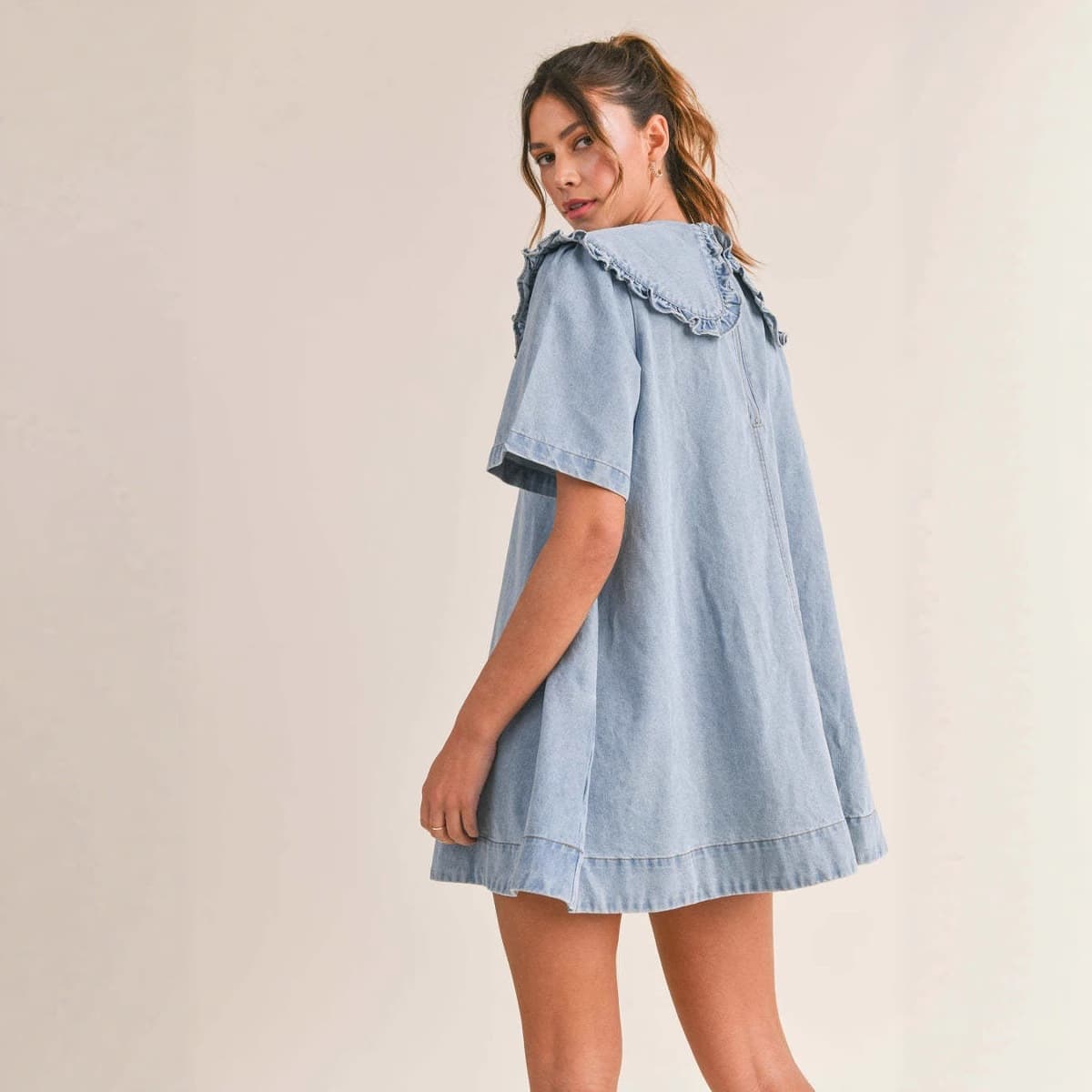 Womens Denim Dress With Lapel Collar And Flouncy Ruffle Hem
