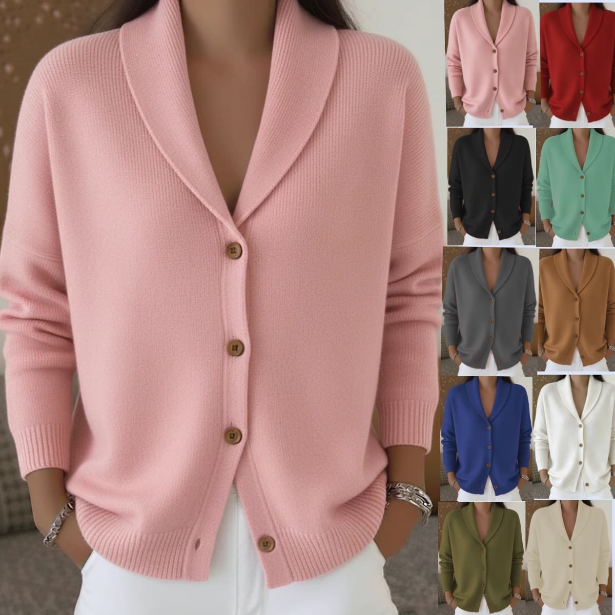 Womens Knitted Cardigan Loose-Fit Lazy Style Soft And Cozy Notch Lapel Solid Color Long-Sleeve Sweater 3